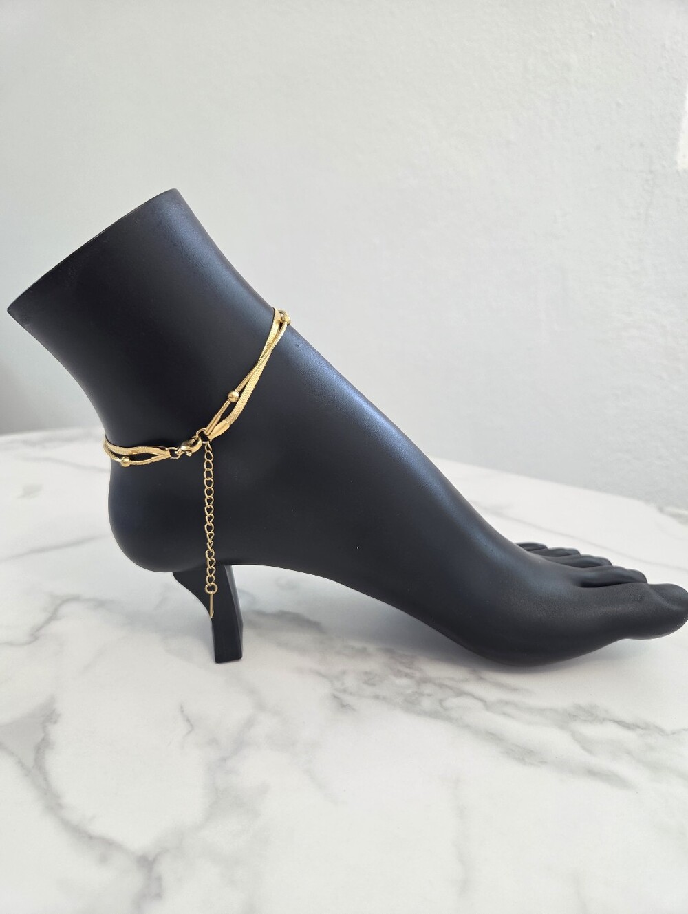 Gold Double Layered Anklet Herringbone and Bead Chain Adjustable - Picture 7 of 9